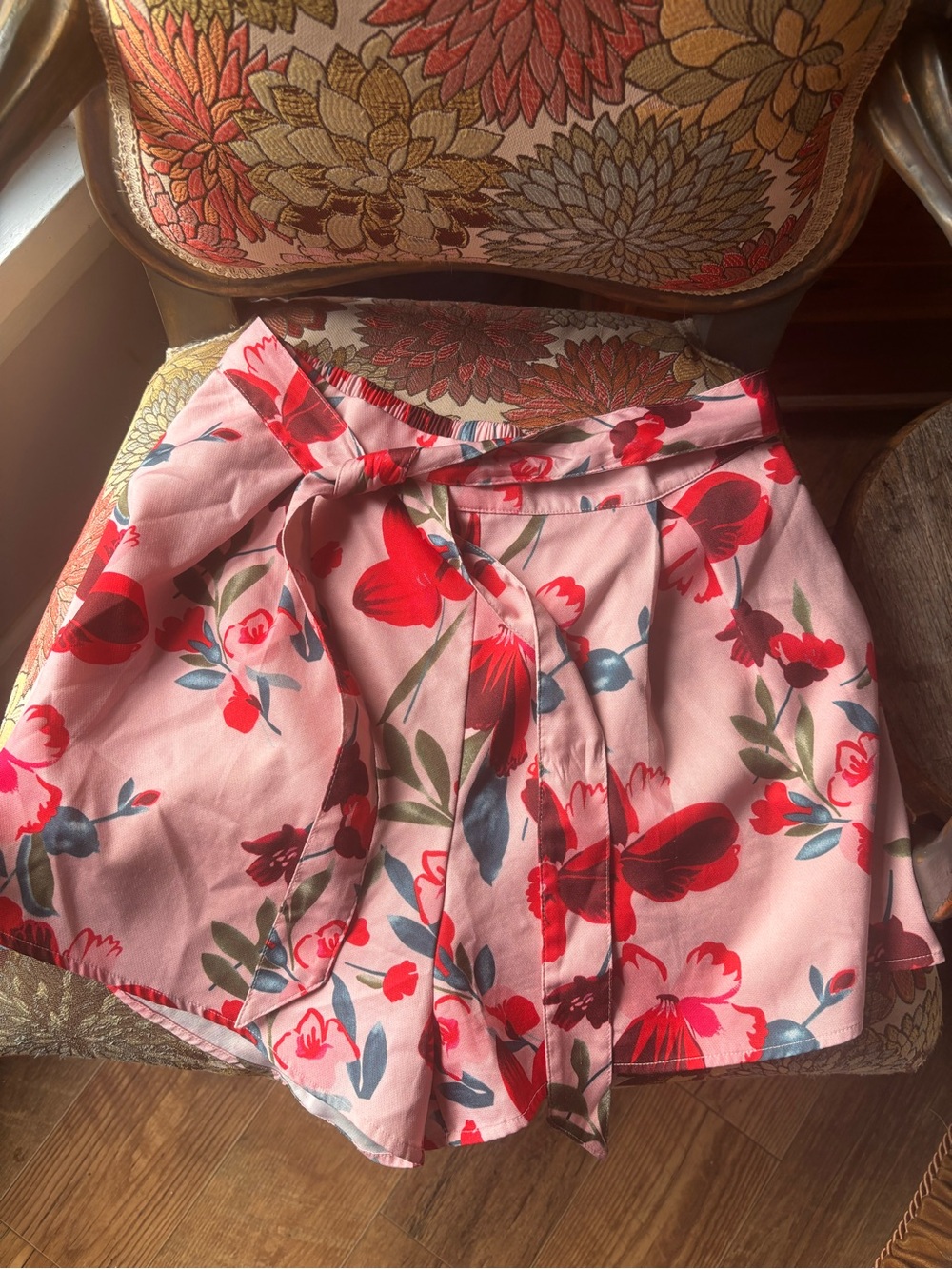 Allegra K Pink Floral Tie-Waist Skort with Red and Blue Accents